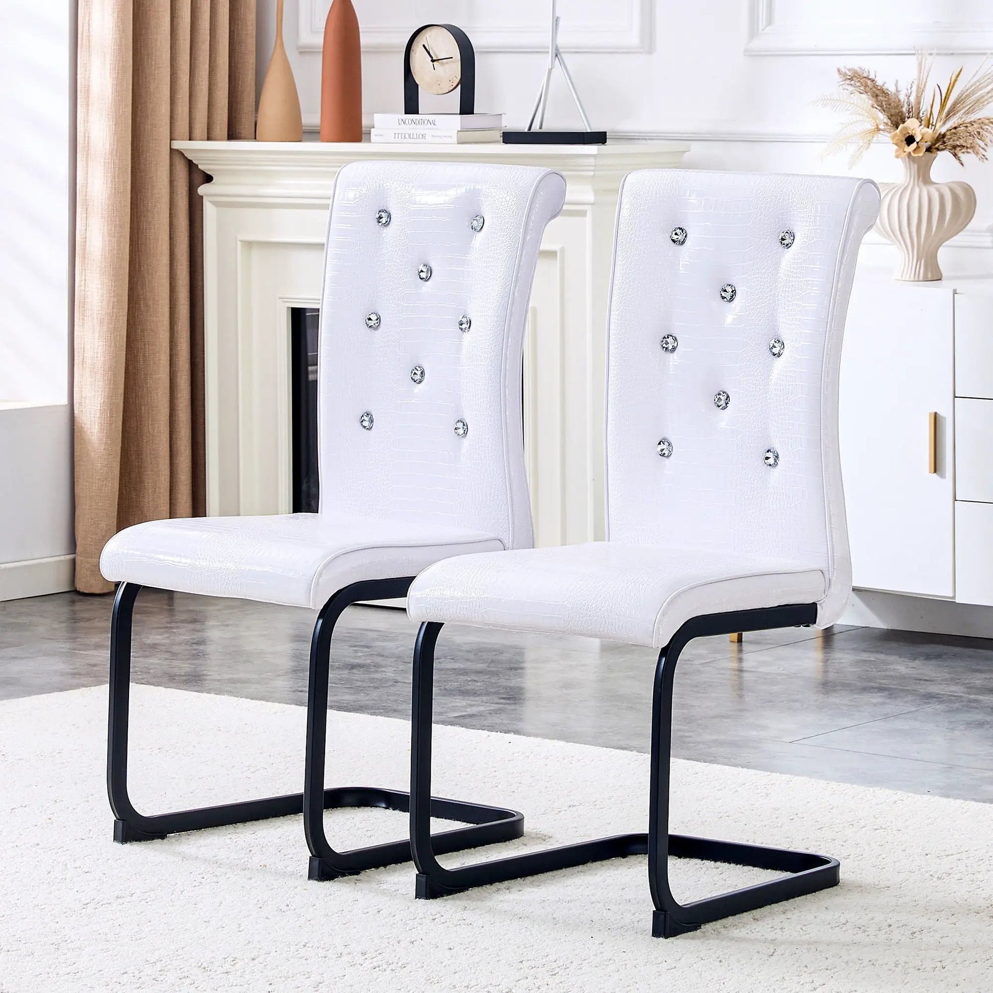 Alligator skin white dining chairs with crystal tufting, chair set by Unique Piece Furniture on Tampa Home & Garden Store
