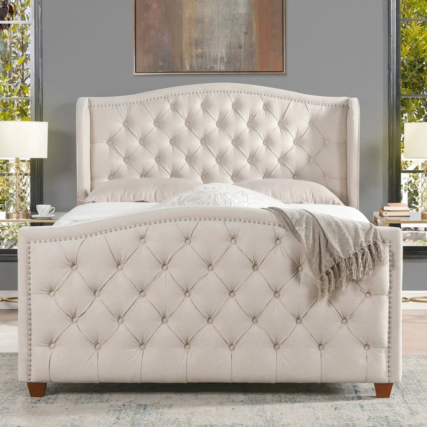 Marcella upholstered shelter headboard bed set in beige tufted fabric with nailhead trim on Tampa Home & Garden Store