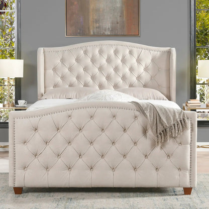 Marcella upholstered shelter headboard bed set in beige tufted fabric with nailhead trim on Tampa Home & Garden Store