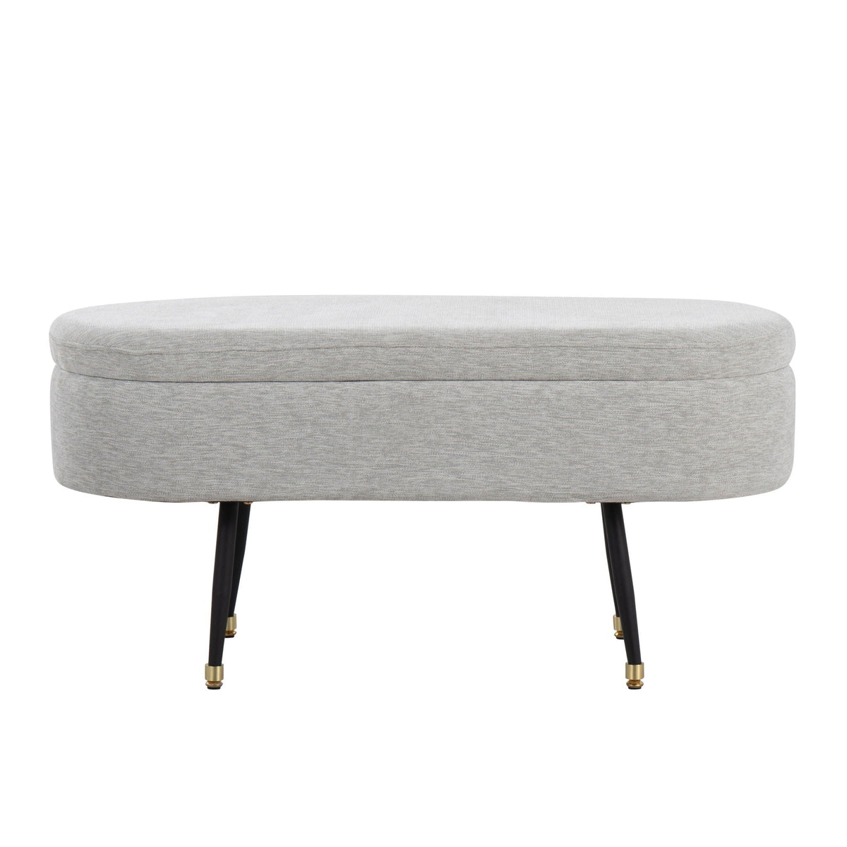 Contemporary storage bench ottoman in light gray fabric with black legs and brass foot caps on Tampa Home & Garden Store