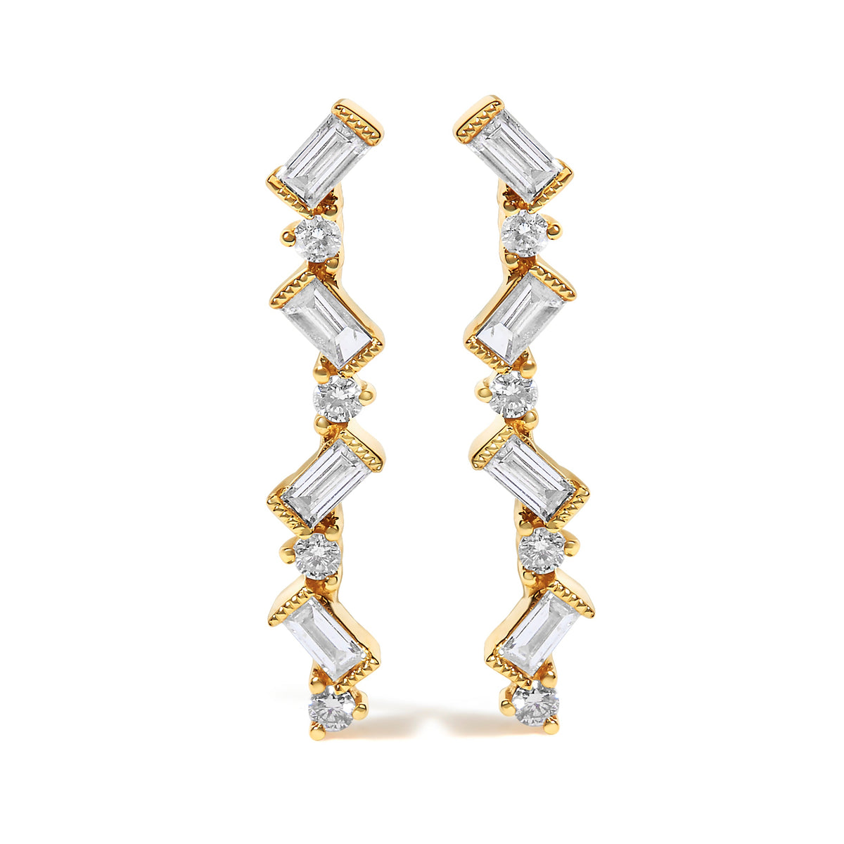 Pair of 14K yellow gold zigzag drop earrings with 1/2 cttw baguette and round diamonds on Tampa Home & Garden Store