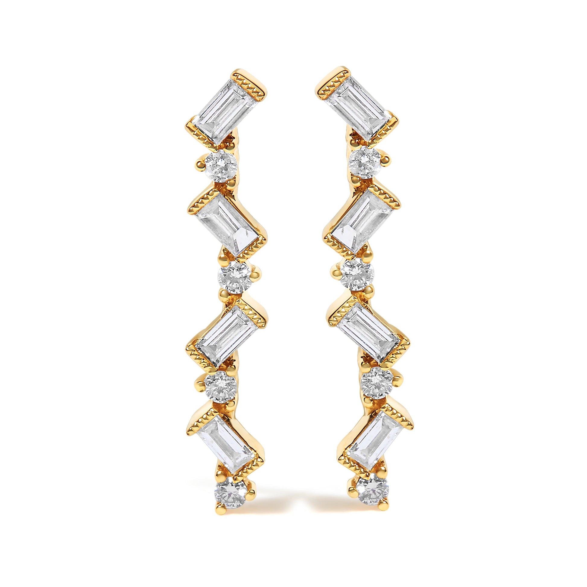 Pair of 14K yellow gold zigzag drop earrings with 1/2 cttw baguette and round diamonds on Tampa Home & Garden Store