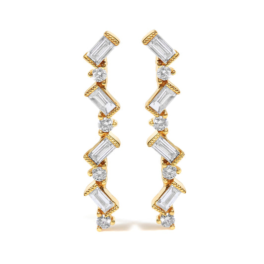 Pair of 14K yellow gold zigzag drop earrings with 1/2 cttw baguette and round diamonds on Tampa Home & Garden Store