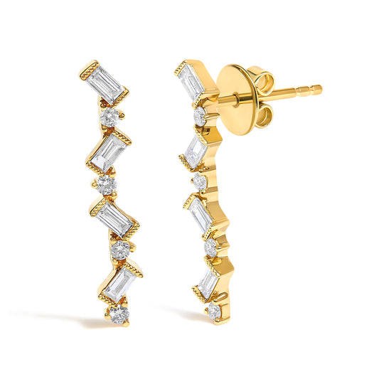 14K yellow gold diamond zigzag drop earrings, a pair with baguette and round diamonds on Tampa Home & Garden Store