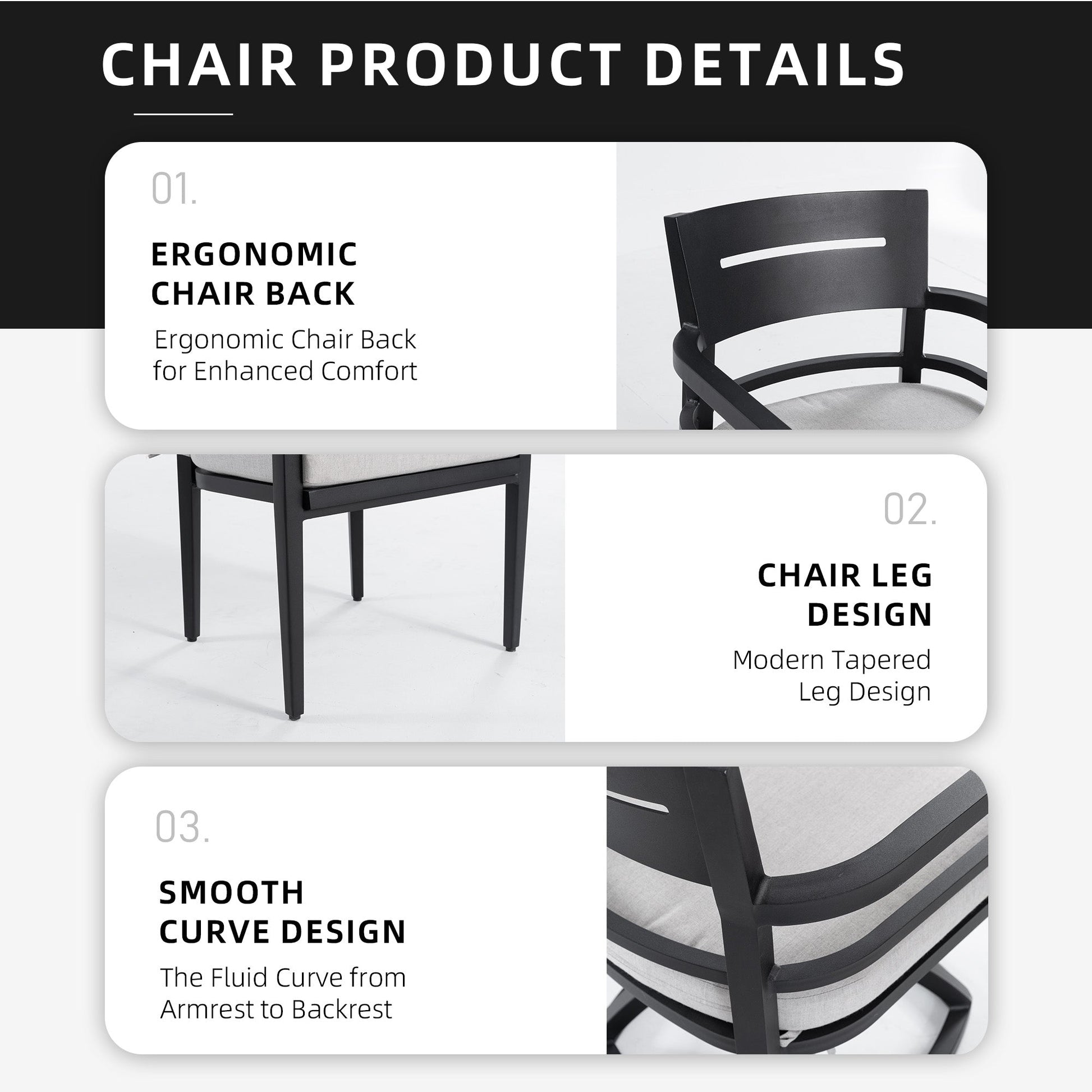 Modern 7PC Outdoor Patio Aluminum Dining Set chair with ergonomic back and black frame on Tampa Home & Garden Store