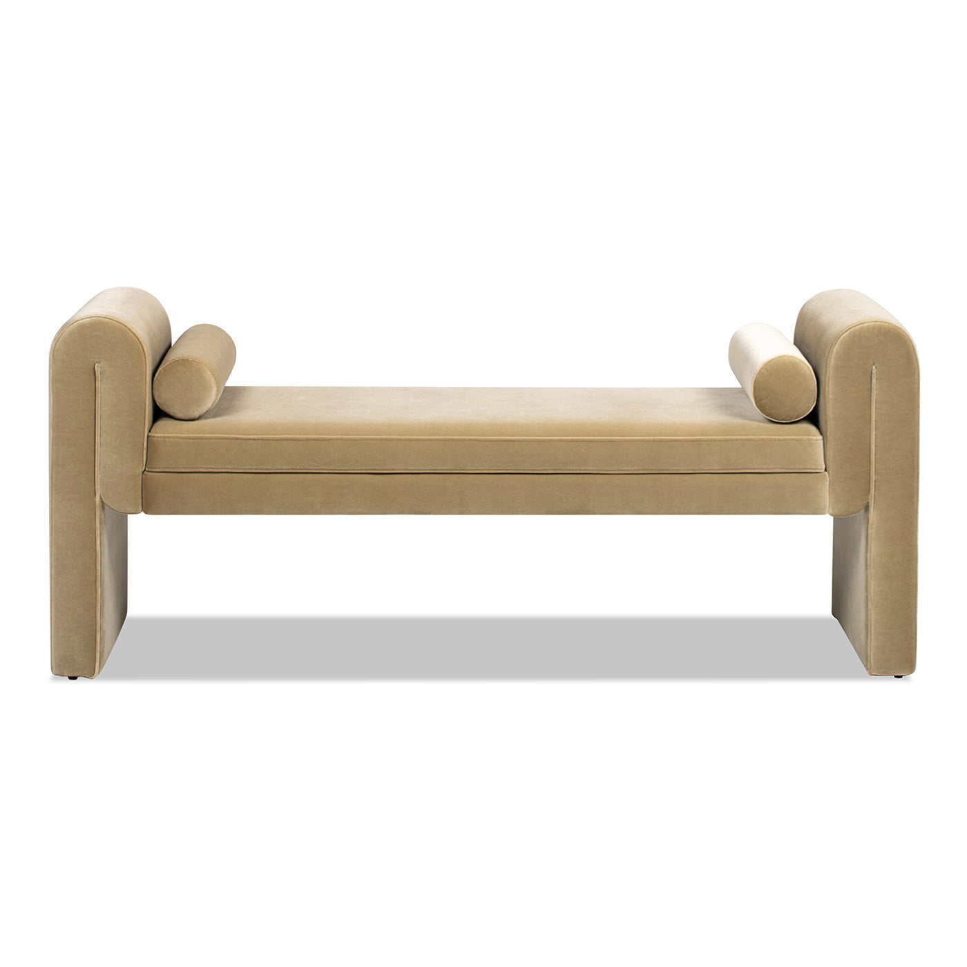 Mason 60.5 inch arched-arm upholstered bench with two bolster pillows beige fabric on Tampa Home & Garden Store