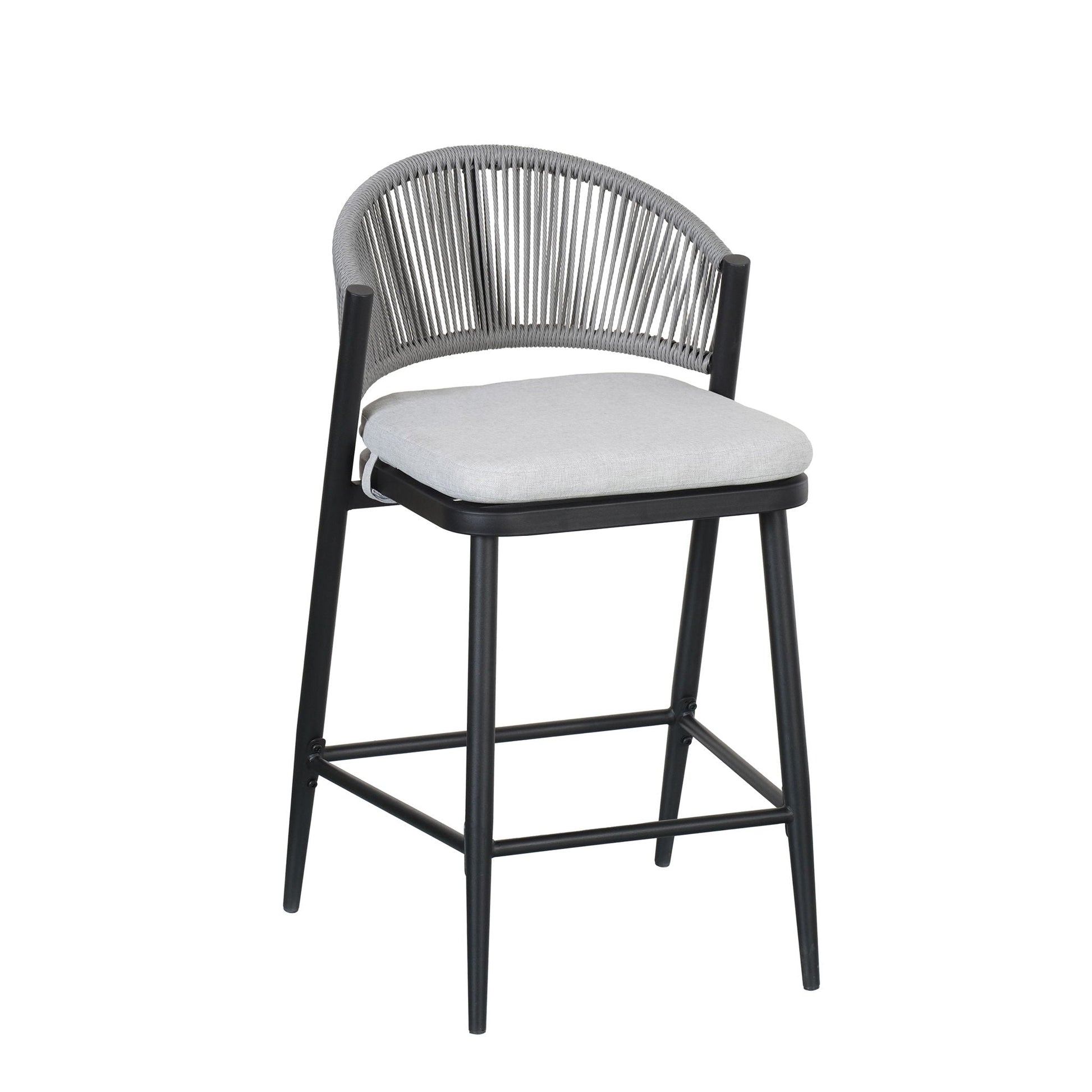 Outdoor 26in counter height metal frame stool with scalloped back and light gray cushion on Tampa Home & Garden Store