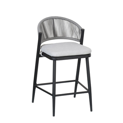 Outdoor 26in counter height metal frame stool with scalloped back and light gray cushion on Tampa Home & Garden Store