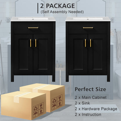 Two black bathroom vanities with white tops and gold handles by HouseOfZazla, soft-close cabinets on Tampa Home & Garden Store