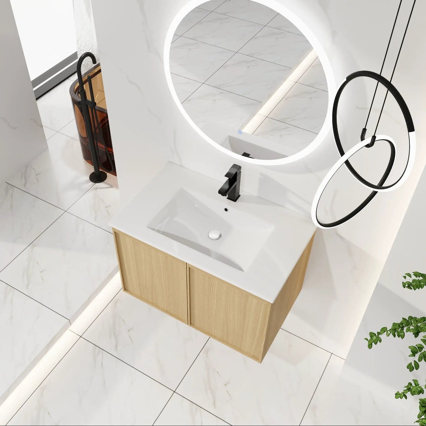 Floating bathroom vanity with sink by Unique Piece Furniture, wood base, black faucet on Tampa Home & Garden Store