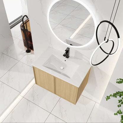 Floating bathroom vanity with sink by Unique Piece Furniture, wood base, black faucet on Tampa Home & Garden Store