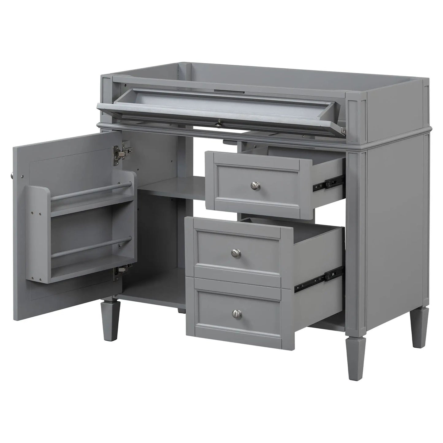 Bathroom vanity base in gray with 2 drawers and tip-out drawer, storage cabinet on Tampa Home & Garden Store