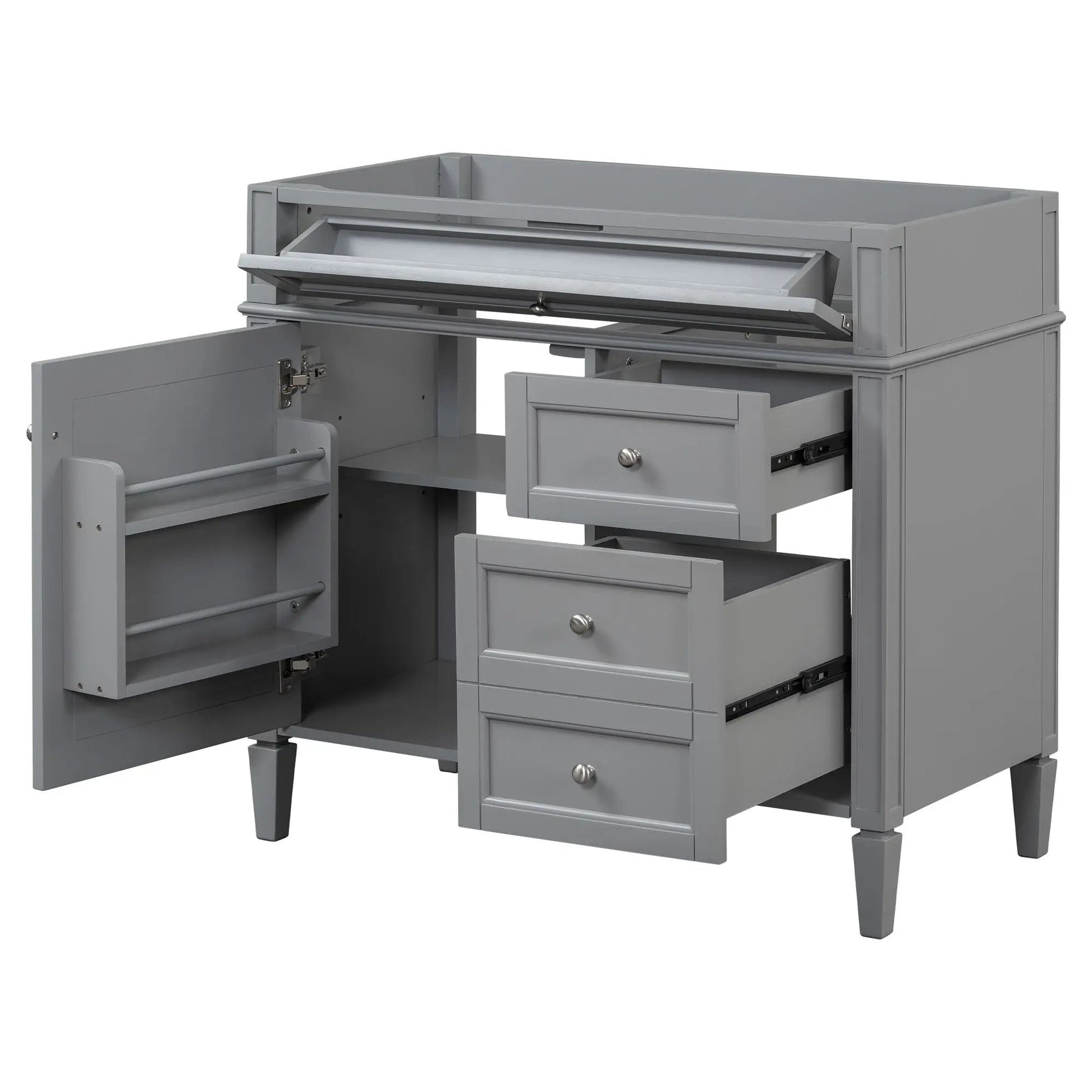 Bathroom vanity base in gray with 2 drawers and tip-out drawer, storage cabinet on Tampa Home & Garden Store