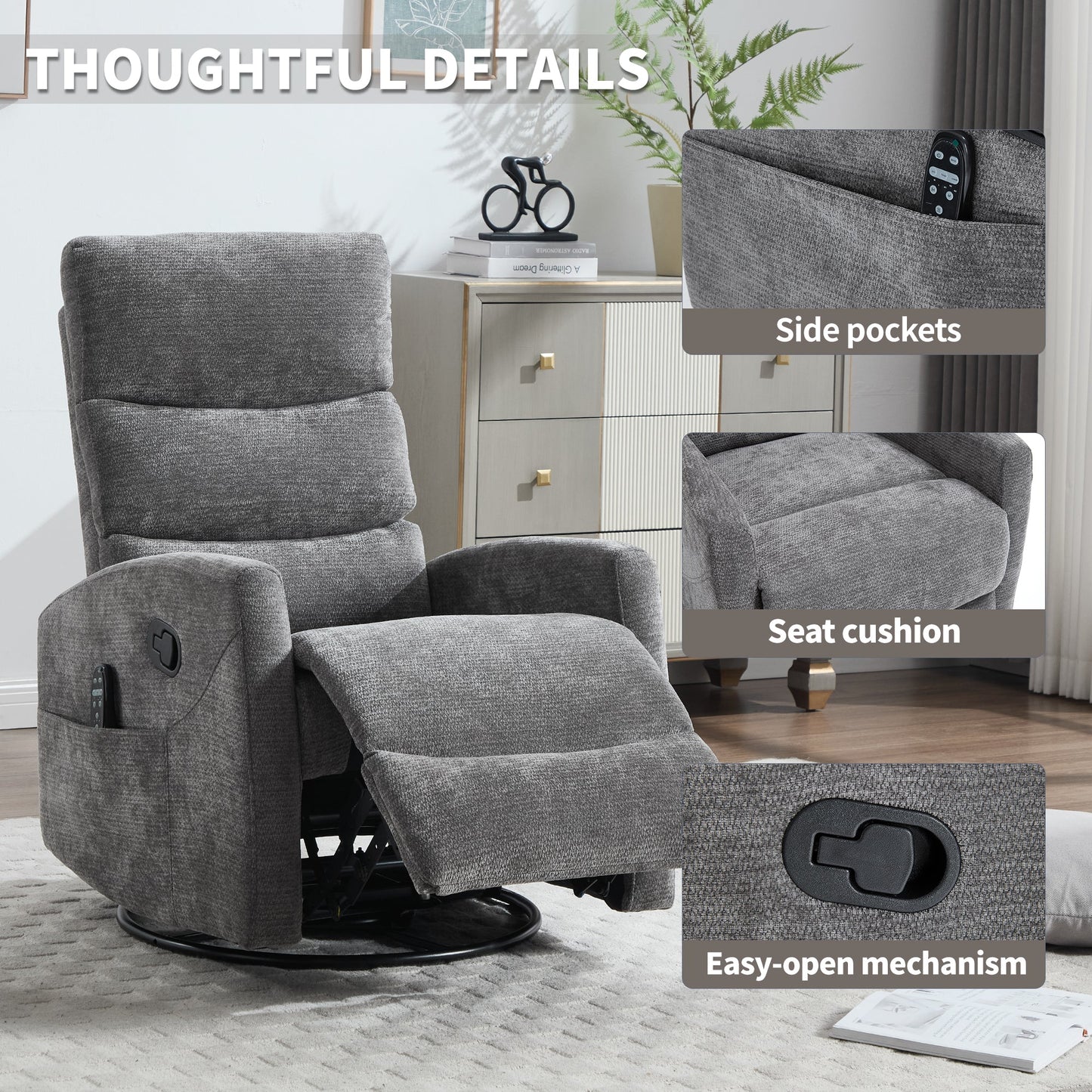 Heat Massage Recliner Chairs with Rocker and Swivel in Gray Fabric, with side pockets on Tampa Home & Garden Store