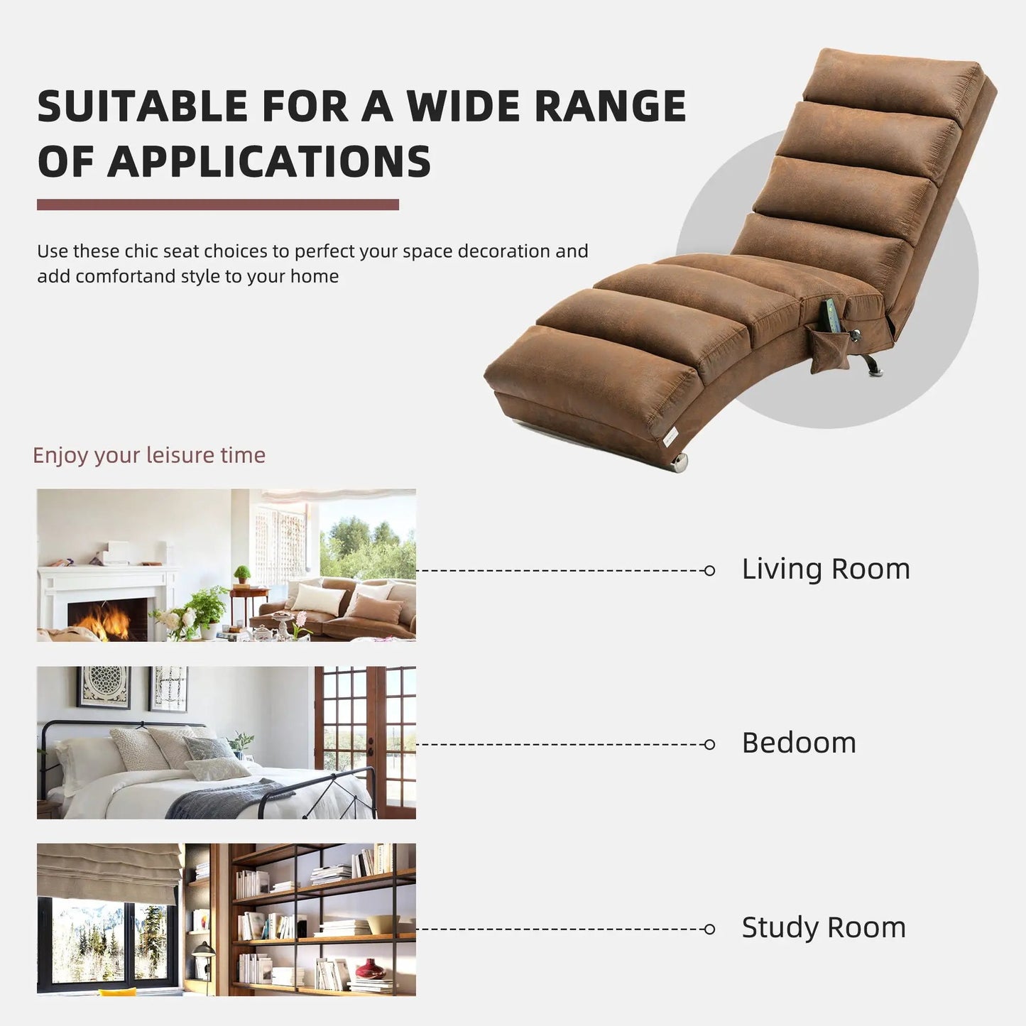 Massage chaise lounge with remote, brown upholstery, ergonomic electric lounger for indoor use on Tampa Home & Garden Store
