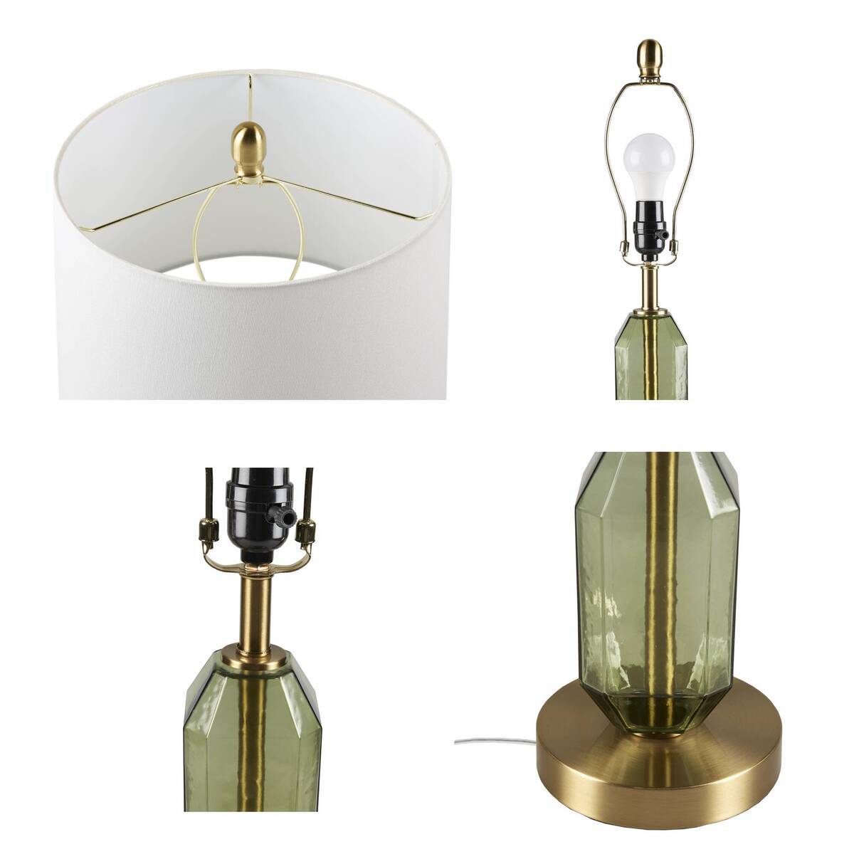 Faceted green glass table lamp with brass hardware and white shade by HouseOfZazla on Tampa Home & Garden Store