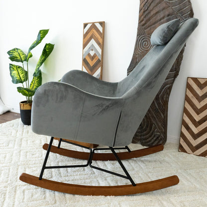 Mid-Century Rocking Chair with gray-blue upholstery, high-density foam cushion, wooden rockers on Tampa Home & Garden Store