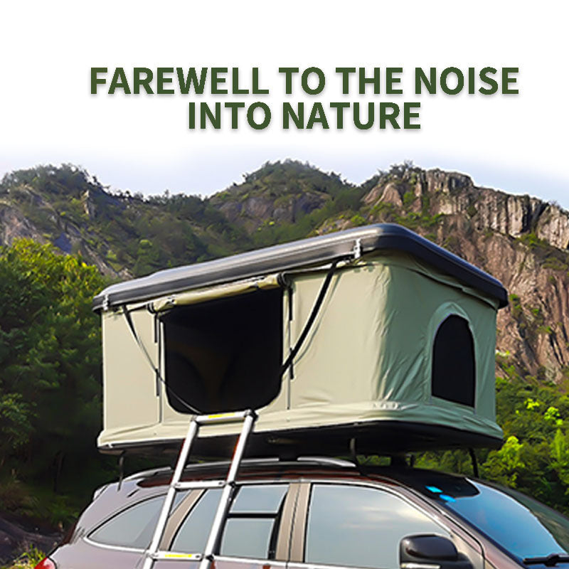 Self-driving roof tent on SUV with beige hard-shell canopy and folding ladder on Tampa Home & Garden Store