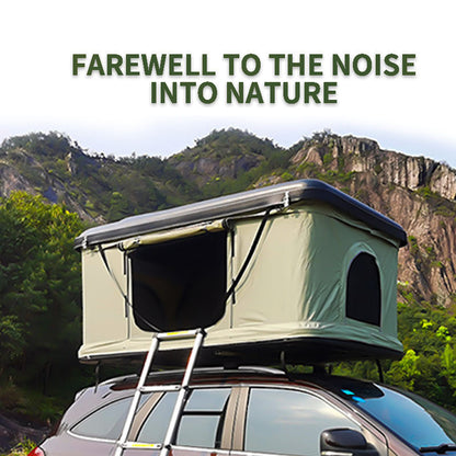 Self-driving roof tent on SUV with beige hard-shell canopy and folding ladder on Tampa Home & Garden Store