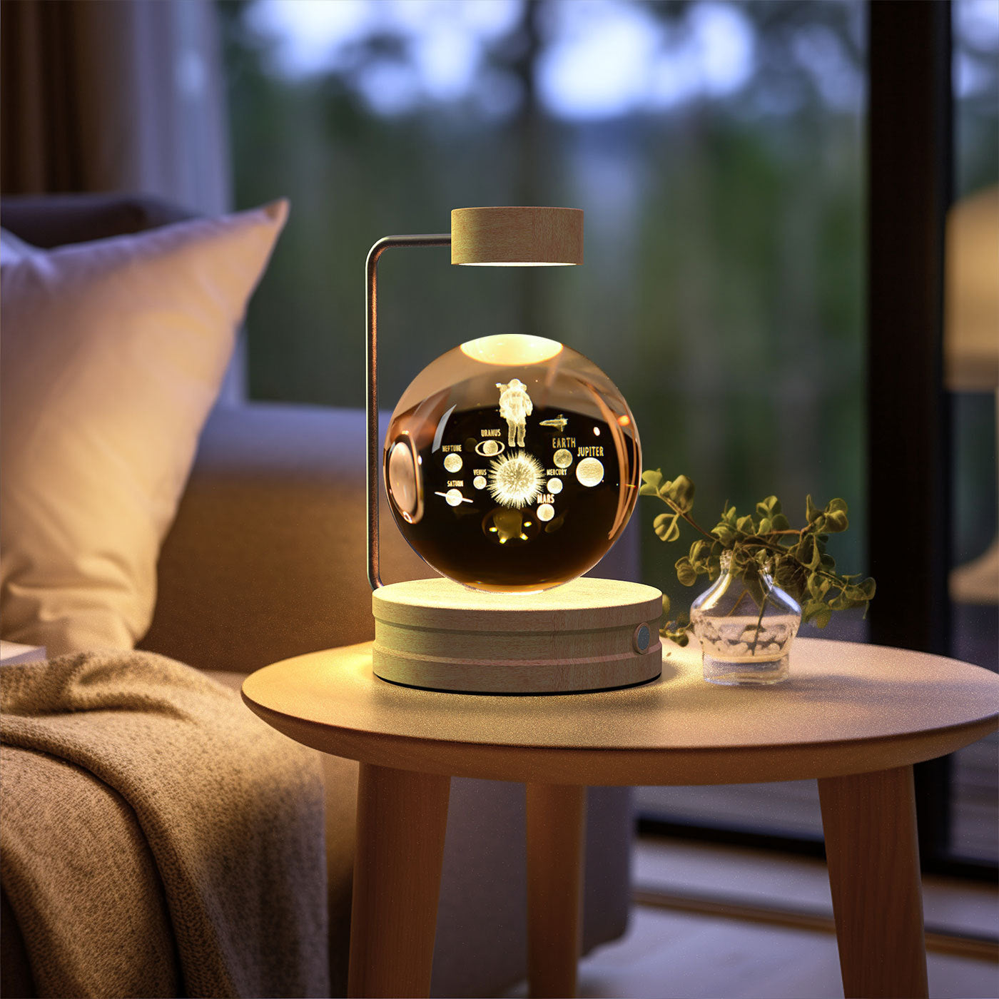 Crystal Ball Cosmic Dinosaur Night Light amber glass sphere on wooden base warm USB bedside lamp on Tampa Home & Garden Store
