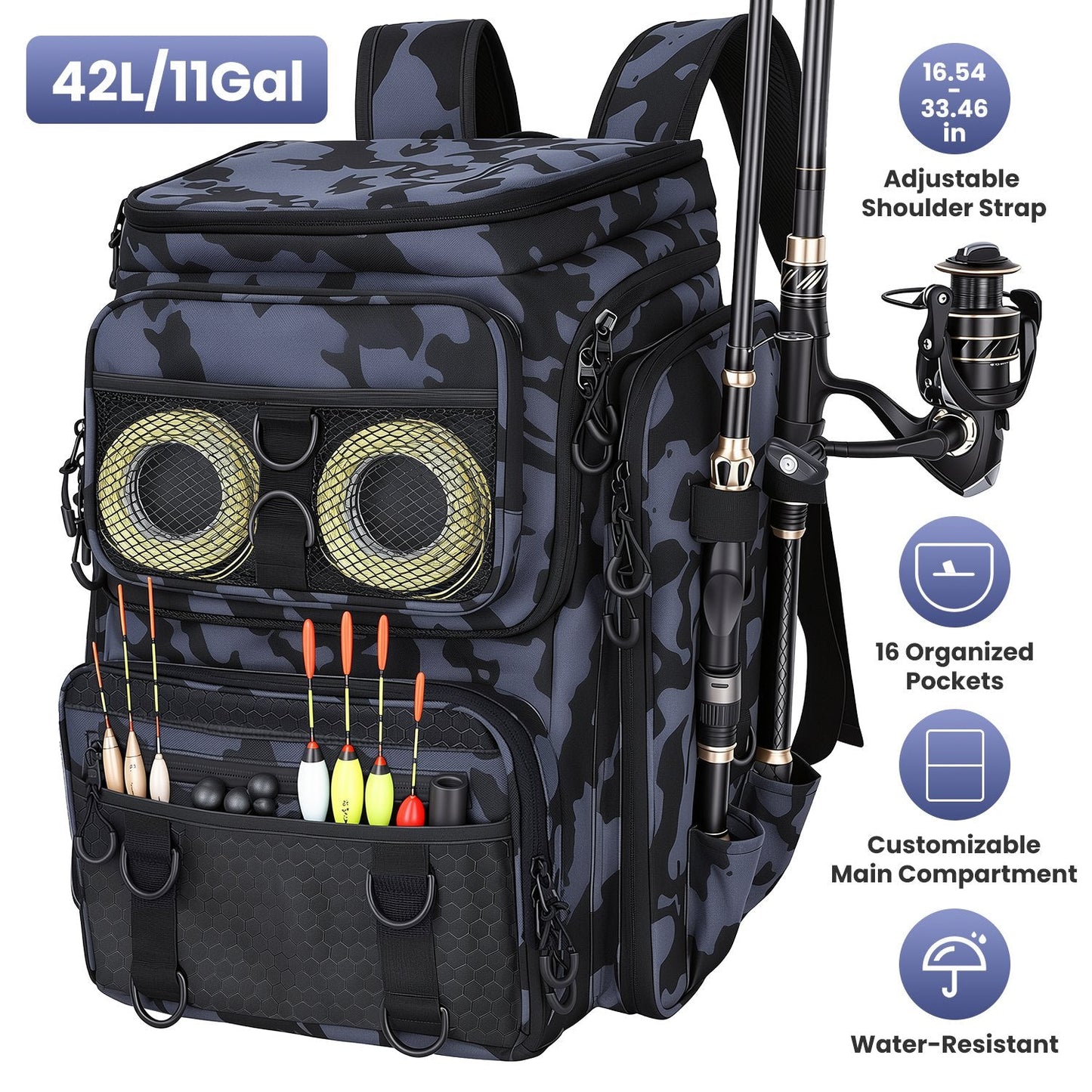 GemGear camouflage fishing backpack with rod holders, 42L capacity, 16 pockets, water-resistant on Tampa Home & Garden Store
