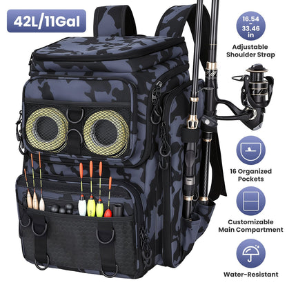 GemGear camouflage fishing backpack with rod holders, 42L capacity, 16 pockets, water-resistant on Tampa Home & Garden Store