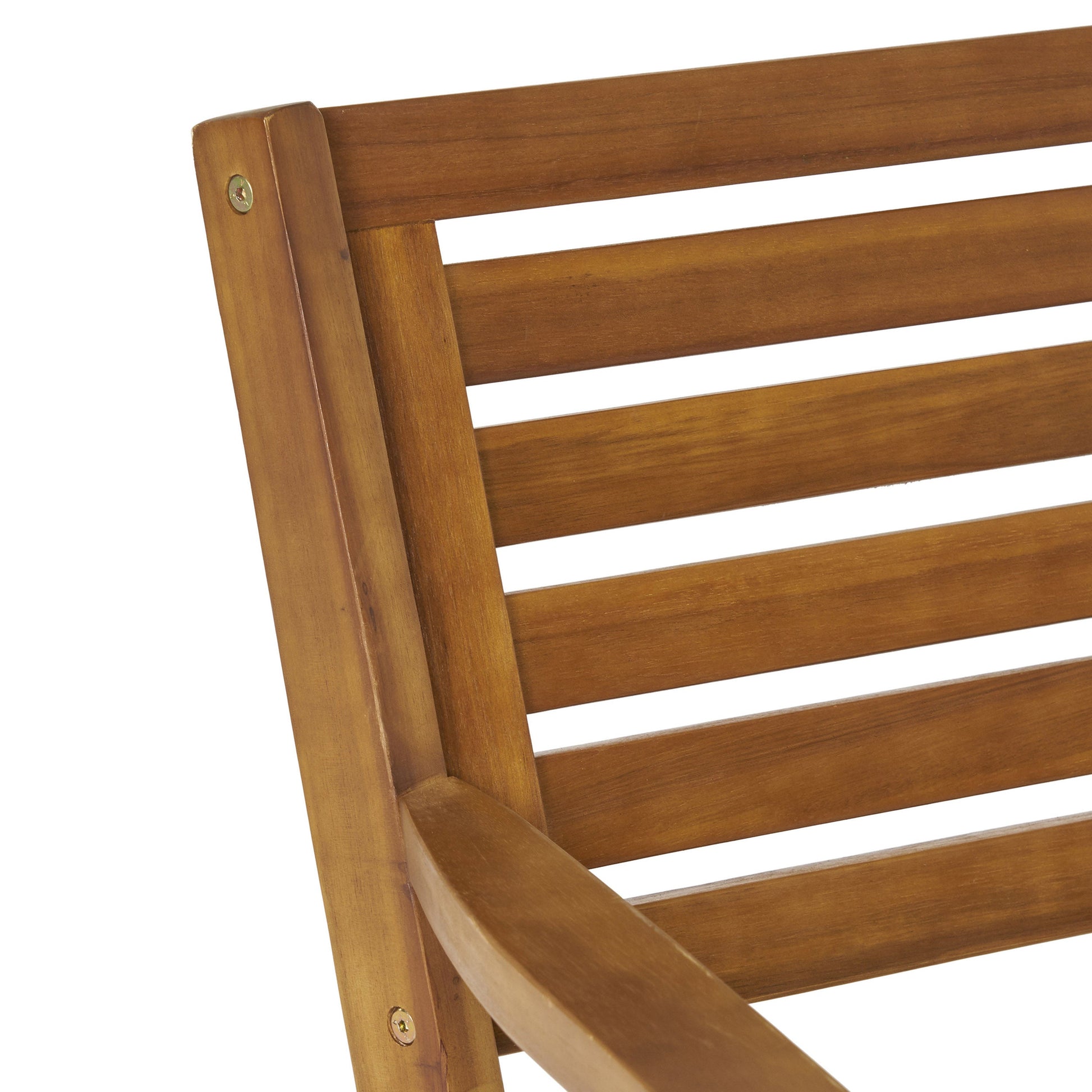 Outdoor acacia wood dining chair backrest with slatted panels in warm brown finish on Tampa Home & Garden Store