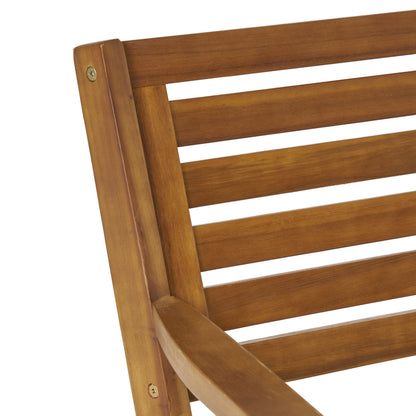 Outdoor acacia wood dining chair backrest with slatted panels in warm brown finish on Tampa Home & Garden Store