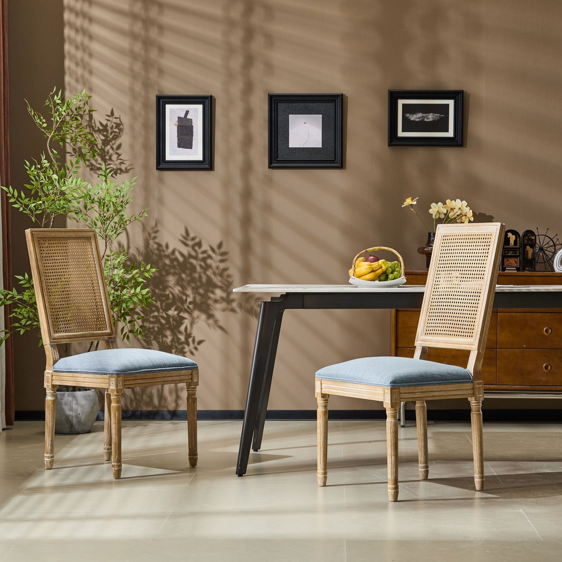 French Country dining chair with rectangular cane backrest and cushioned seat on Tampa Home & Garden Store