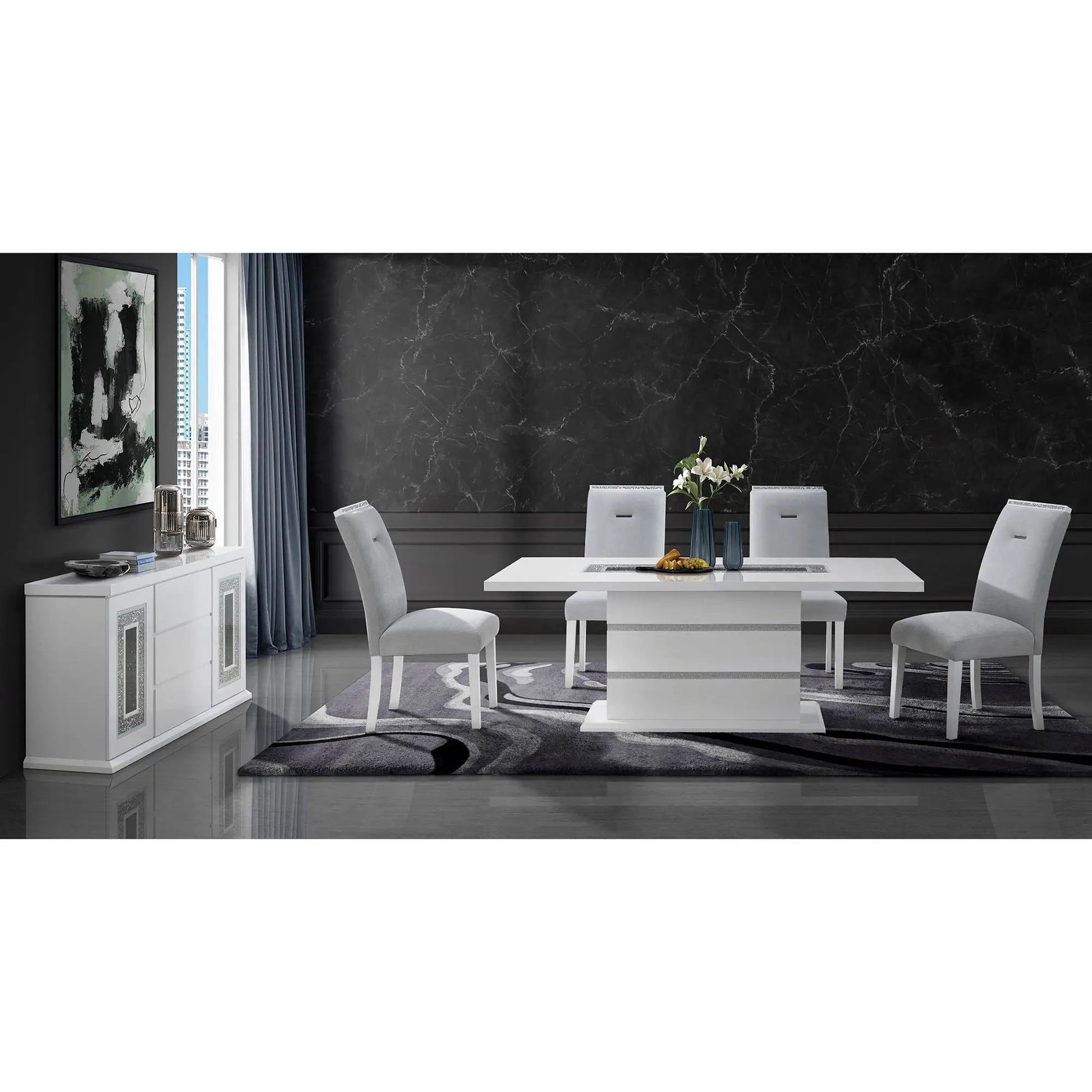 Ariya dining chairs set of 6 in light grey upholstery around white table on Tampa Home & Garden Store