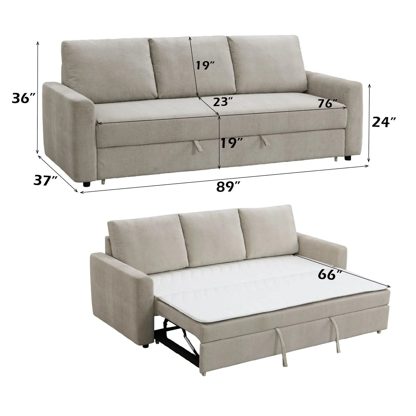 Leira beige linen pull-out sleeper sofa by Unique Piece Furniture with three back cushions on Tampa Home & Garden Store