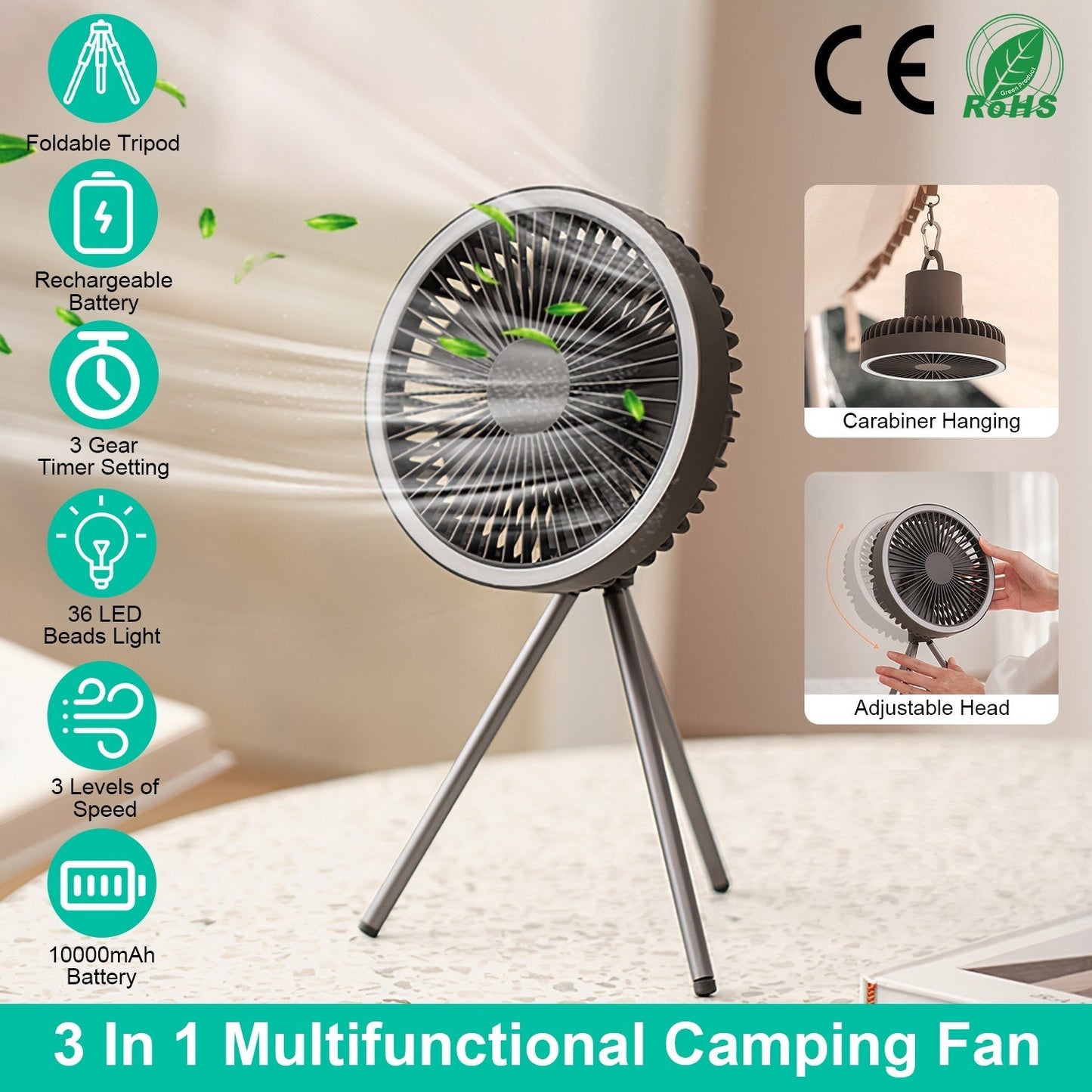 GemGear Camping Fan with Lantern on foldable tripod, 10000mAh battery, adjustable head on Tampa Home & Garden Store