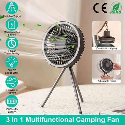 GemGear Camping Fan with Lantern on foldable tripod, 10000mAh battery, adjustable head on Tampa Home & Garden Store