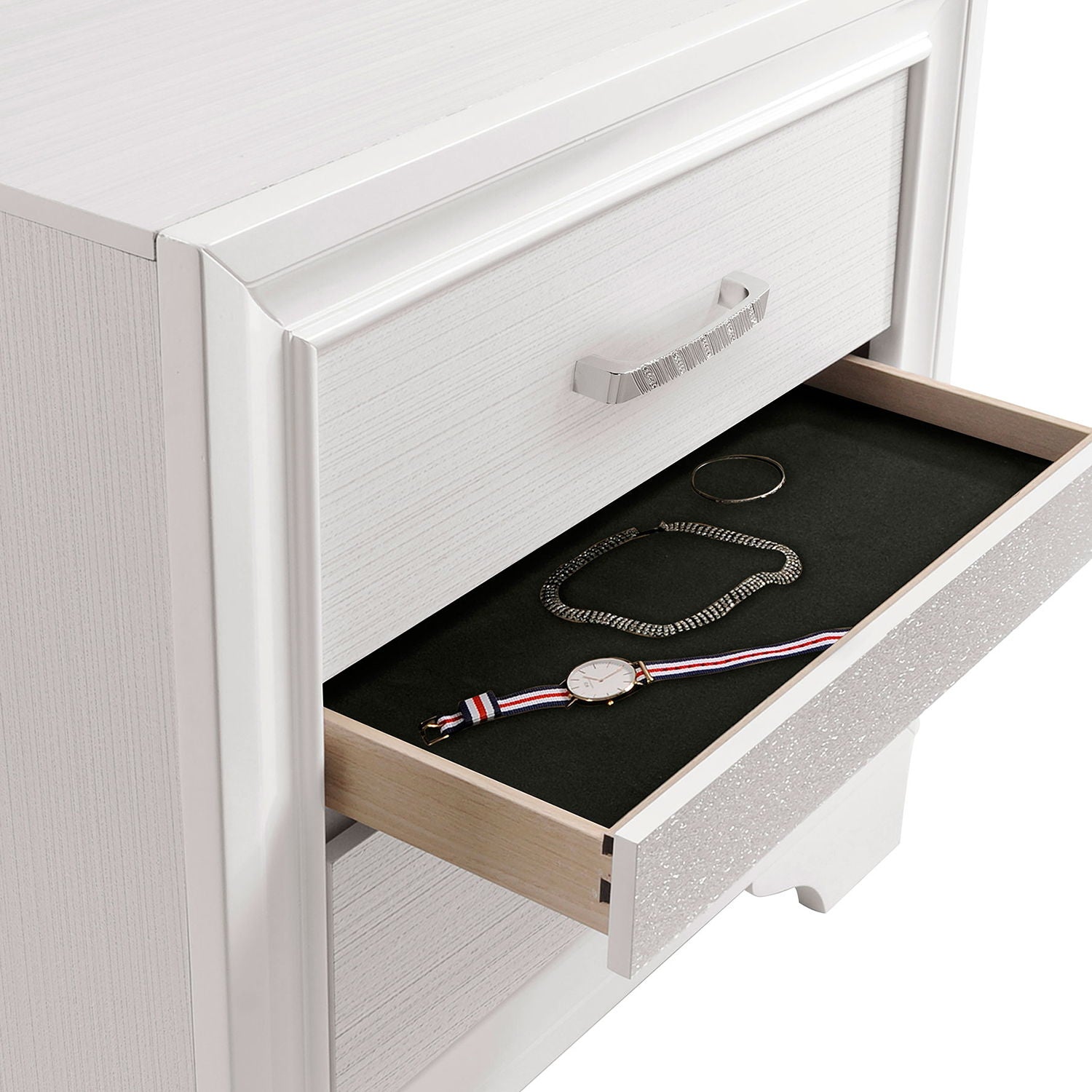 Annie 4 Piece Bedroom Set dresser in white finish with pull; drawer holds watch and bracelet on Tampa Home & Garden Store