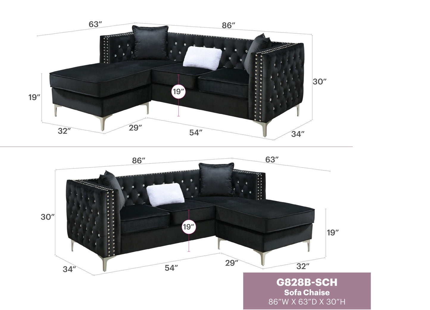 Paige Sofa Chaise and Elegant Tufted Steel Legs