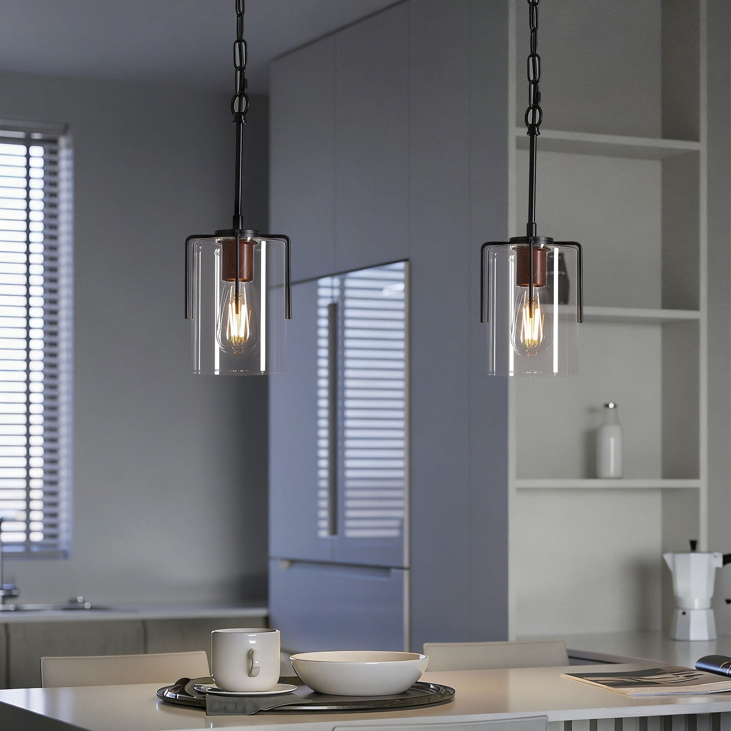 Adjustable Pendant Lighting with Wood Grain