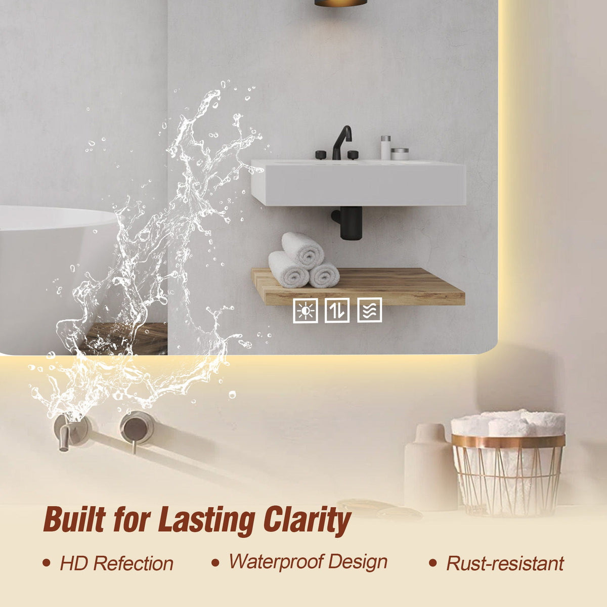 Wall Mounted LED Lighting Mirror in silver with 3-color dimmable light above bathroom sink on Tampa Home & Garden Store