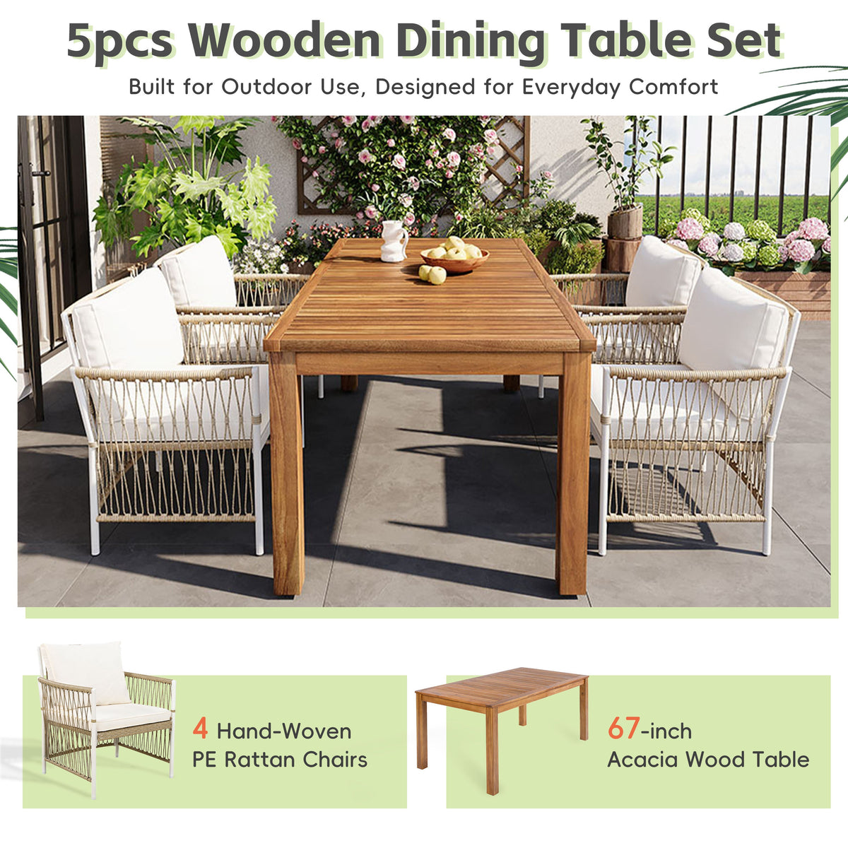 TOPMAX Patio 5pc Wooden Dining Table Set by HouseOfZazla with four white cushioned chairs on Tampa Home & Garden Store