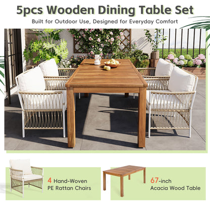 TOPMAX Patio 5pc Wooden Dining Table Set by HouseOfZazla with four white cushioned chairs on Tampa Home & Garden Store