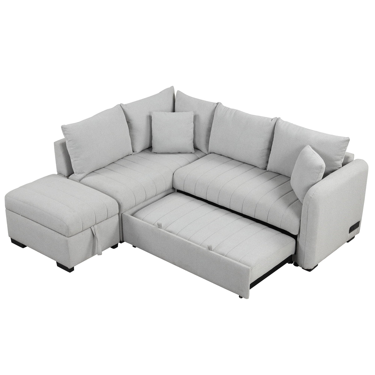 L-shaped sleeper sectional in light gray fabric with cushioned backs and a movable storage ottoman on Tampa Home & Garden Store