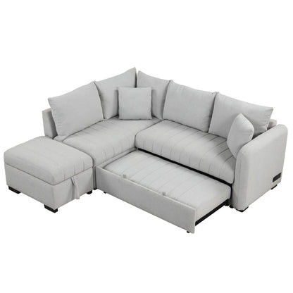 L-shaped sleeper sectional in light gray fabric with cushioned backs and a movable storage ottoman on Tampa Home & Garden Store