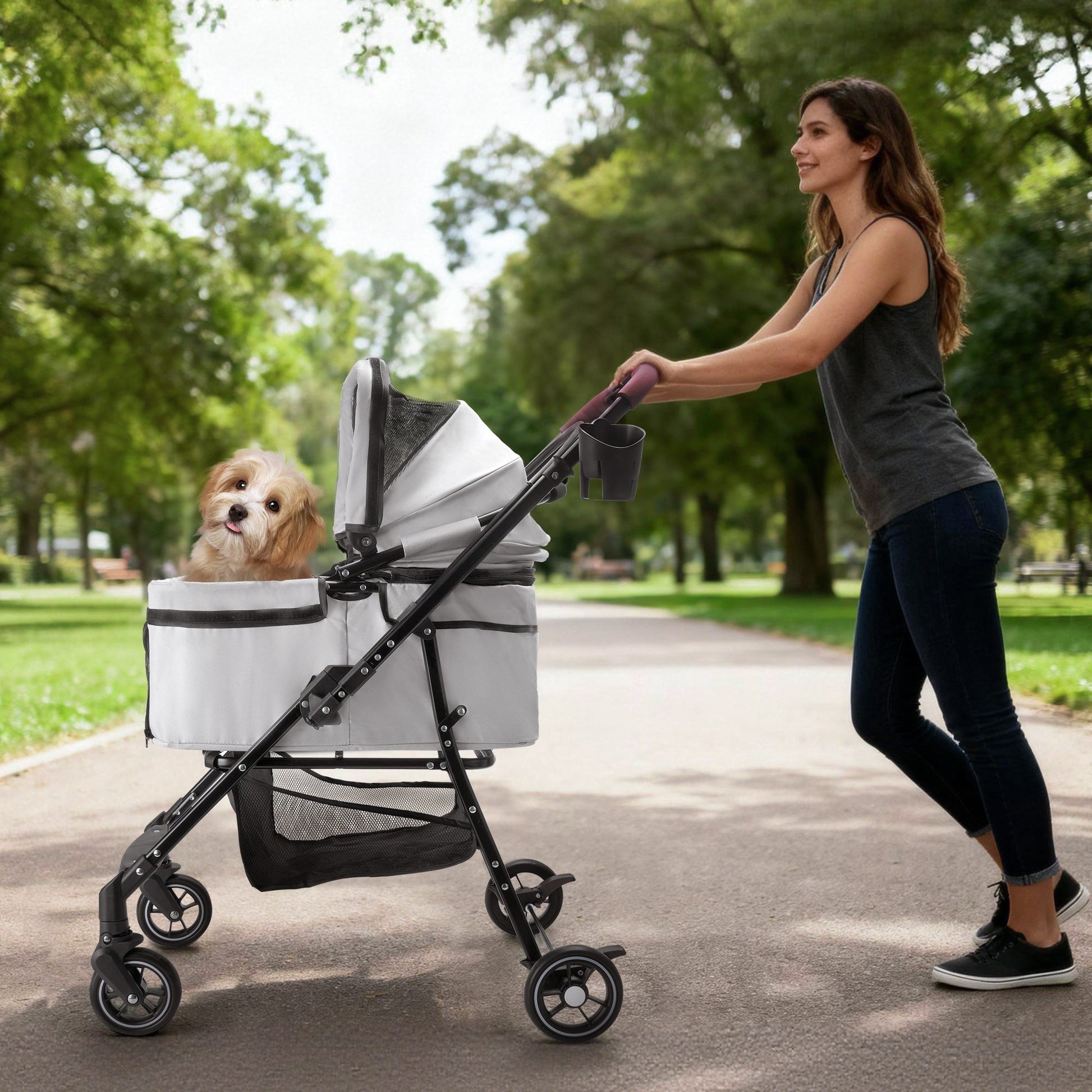 4-Wheel Foldable Pet Stroller for Dogs and Cats in light gray with black frame and mesh basket on Tampa Home & Garden Store