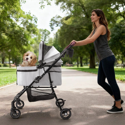 4-Wheel Foldable Pet Stroller for Dogs and Cats in light gray with black frame and mesh basket on Tampa Home & Garden Store