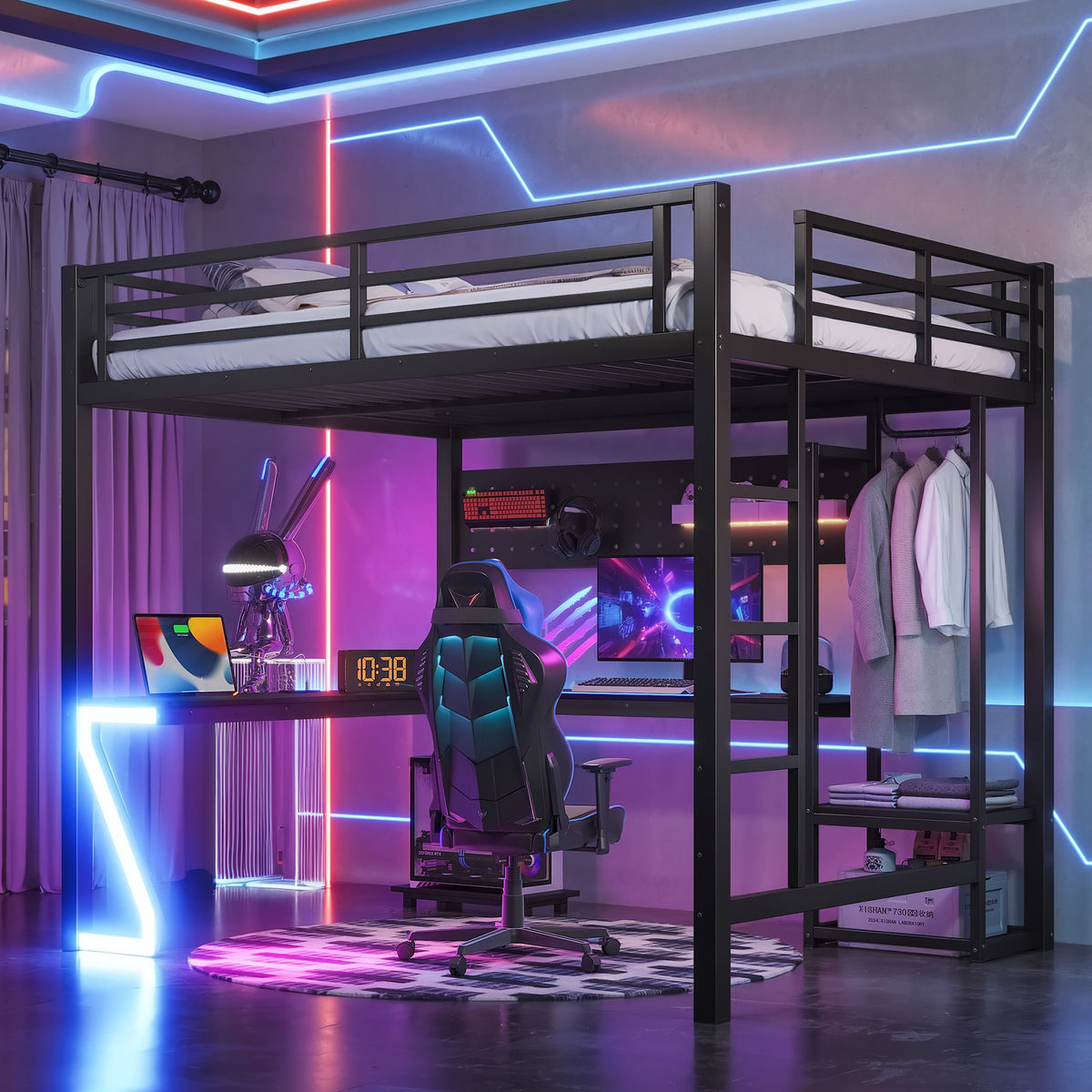 Queen Loft Bed with L-shaped desk and USB ports, black metal frame, HouseOfZazla on Tampa Home & Garden Store