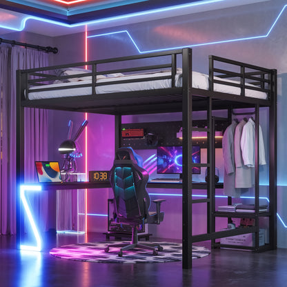 Queen Loft Bed with L-shaped desk and USB ports, black metal frame, HouseOfZazla on Tampa Home & Garden Store