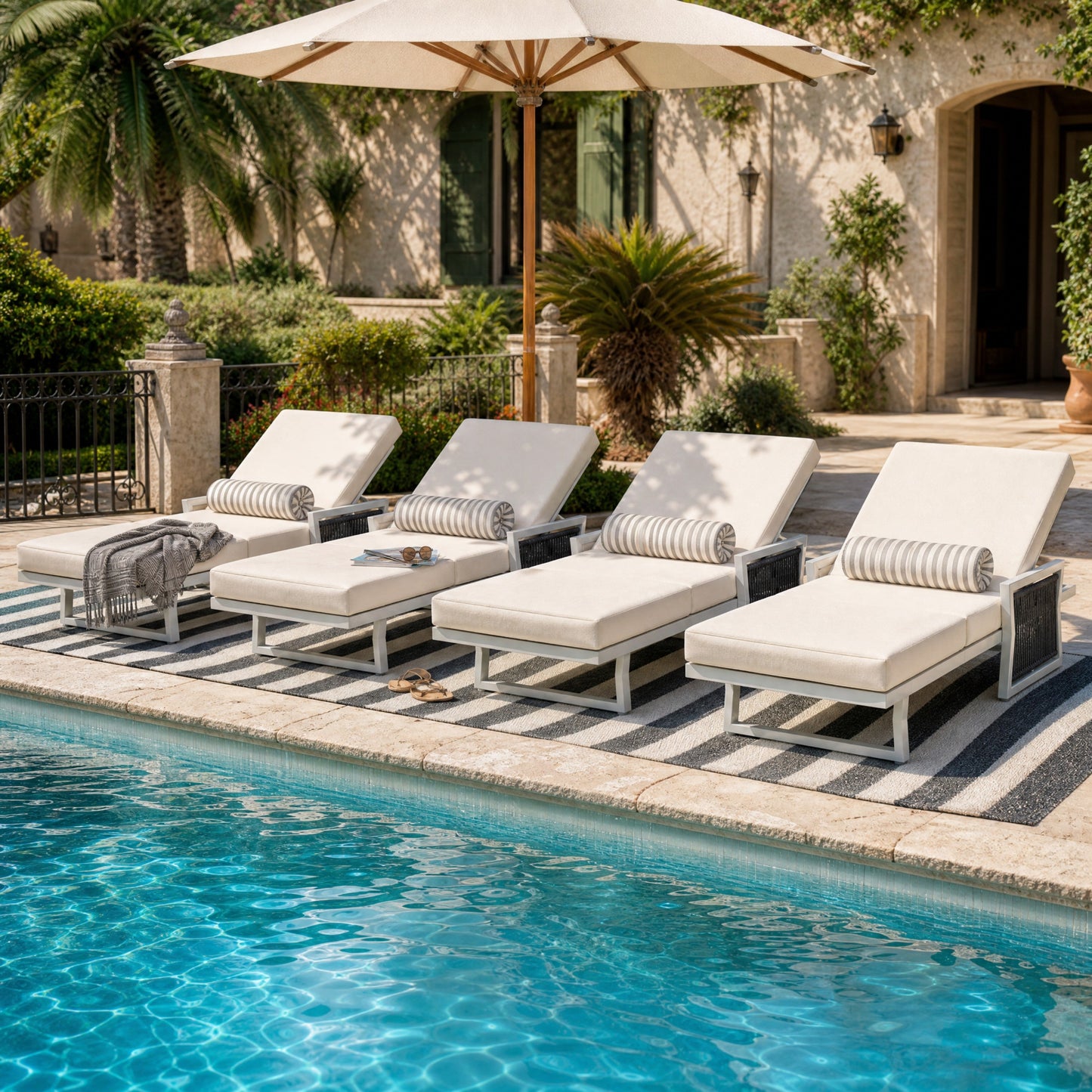 White Iron Outdoor Chaise Lounge and Cushion