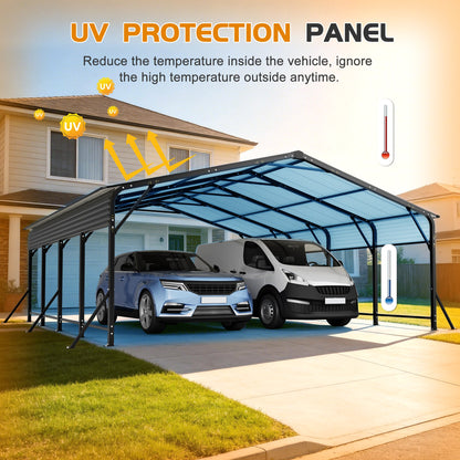 20x20 galvanized steel carport canopy HouseOfZazla with blue panels sheltering two cars on Tampa Home & Garden Store