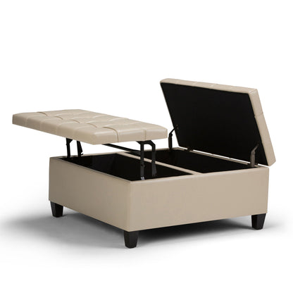 Harrison Tufted Lift Top Storage Ottoman faux leather with black interior by HouseOfZazla on Tampa Home & Garden Store