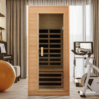 Hemlock far infrared sauna with light brown finish and glass front door on Tampa Home & Garden Store