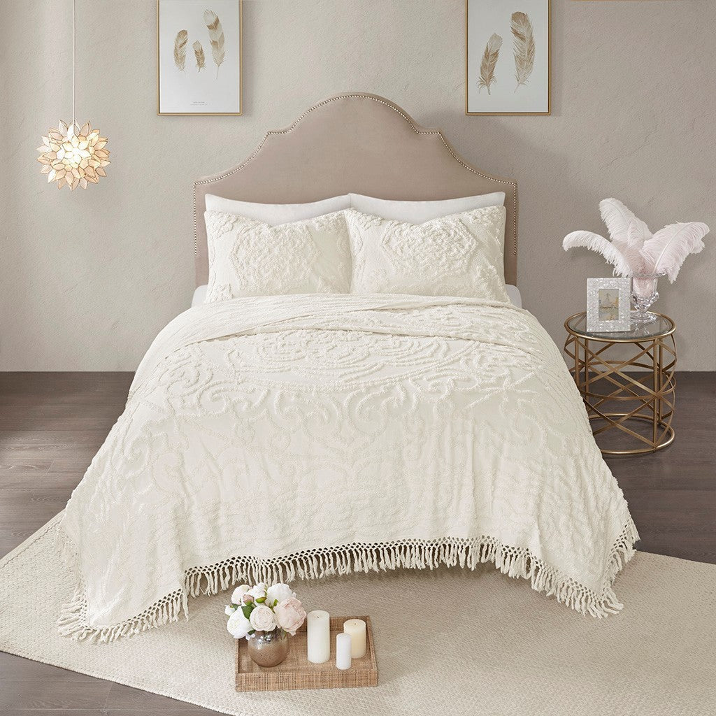 Tufted cotton chenille medallion fringe coverlet mini set off-white by HouseOfZazla on Tampa Home & Garden Store